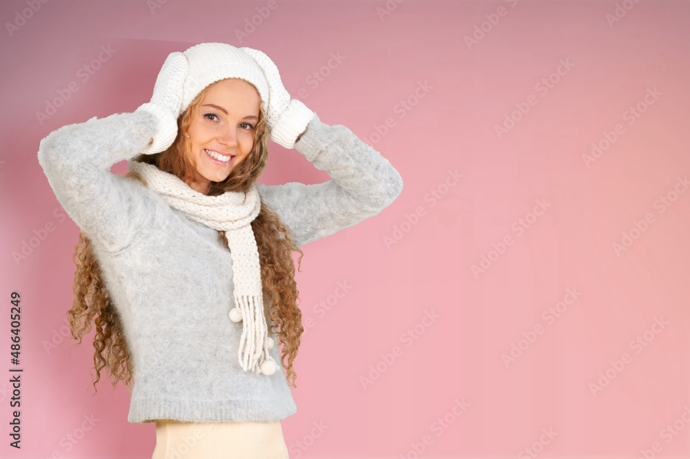 Shocked surprised amazed young woman have fun enjoy warm clothes Shocked surprised amazed young woman have fun enjoy warm clothes