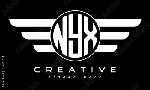 NYX three letter monogram type circle letter logo with wings vector template.