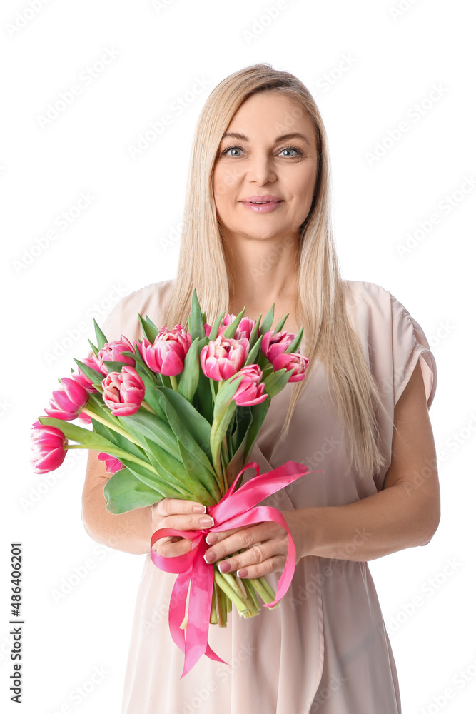 Beautiful woman with bouquet of flowers on white background. International Women's Day celebration