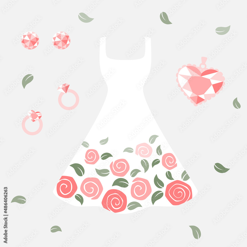 Beautiful dress with rose pattern and jewelry