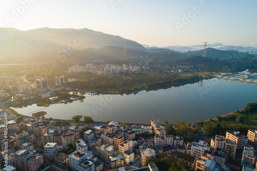 Aerial view of sunrise urban village landscape in Shenzhen city,China