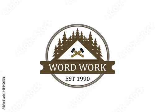Wood work with round line art logo design inspiration Vector