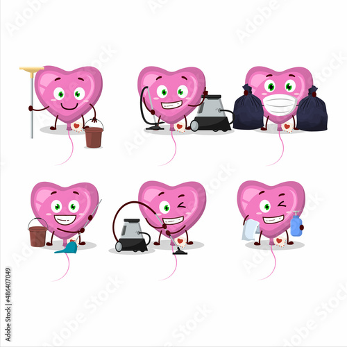 Cleaning service pink love balloon cute cartoon character using mop