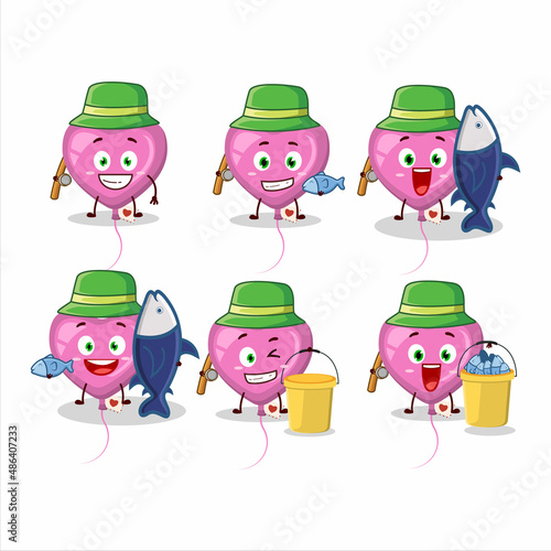 A fisherman pink love balloon cartoon picture catch a big fish