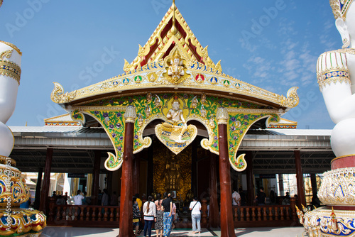 Ubosot ordination halls building for thai people travel visit respect praying buddha in Wat Charoen Rat Bamrung or Nong Pong Nok temple at Kamphaeng Saen on January 27, 2022 in Nakhon Pathom, Thailand