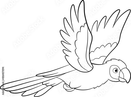 Coloring page. Cute parrot red macaw flies and smiles.