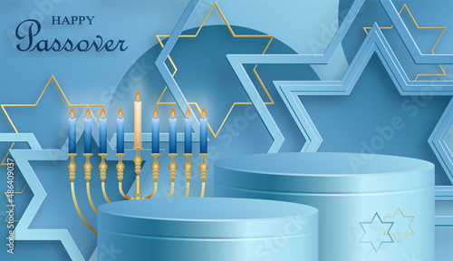 Happy Pessah podium stage for the Passover holiday with nice and creative Jewish symbols on blue color background for Pesach Jewish holiday 