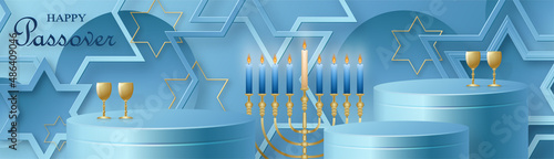 Happy Pessah podium stage for the Passover holiday with nice and creative Jewish symbols on blue color background for Pesach Jewish holiday 