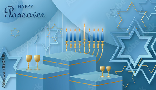 Happy Pessah podium stage for the Passover holiday with nice and creative Jewish symbols on blue color background for Pesach Jewish holiday 