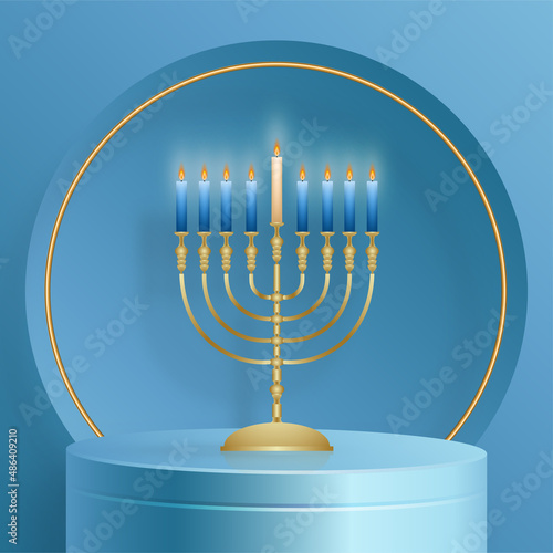 Happy Pessah podium stage for the Passover holiday with nice and creative Jewish symbols on blue color background for Pesach Jewish holiday 