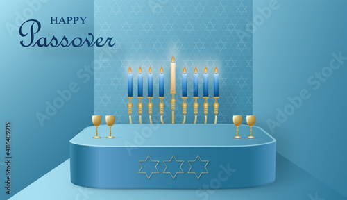 Happy Pessah podium stage for the Passover holiday with nice and creative Jewish symbols on blue color background for Pesach Jewish holiday 