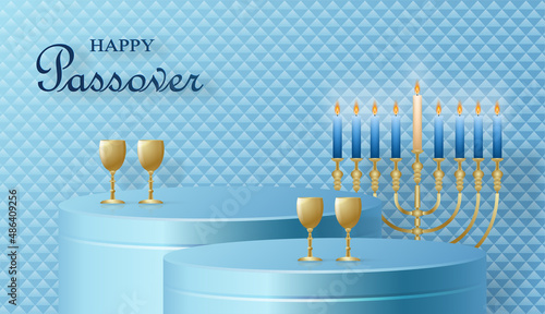 Happy Pessah podium stage for the Passover holiday with nice and creative Jewish symbols on blue color background for Pesach Jewish holiday 