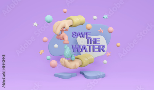 3D Rendering of hand stop running water drop from tap on background poster campaign concept save the water day in March poster. 3D render illustration minimal cartoon style.