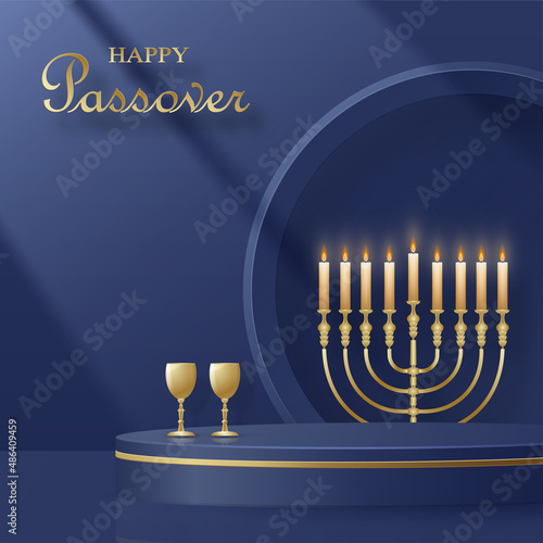 Happy Pessah podium stage for the Passover holiday with nice and creative Jewish symbols on blue color background for Pesach Jewish holiday  photo