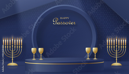 Happy Pessah podium stage for the Passover holiday with nice and creative Jewish symbols on blue color background for Pesach Jewish holiday 