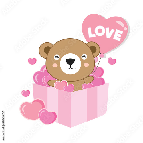 Cute bear holding pink ballon and sit in the gift box.