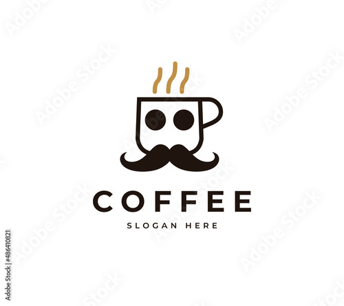 Coffee with vintage beard mustache vector logo design. Hot coffee mug logo design