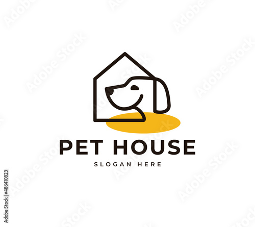 Friendly pets puppy happy relax vector logo design. Sitting dog house grooming canine logo design