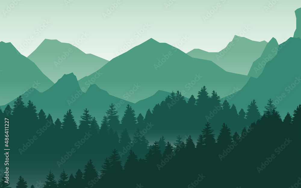 vector mountain landscape nature background in green . travel adventure vector illustration.