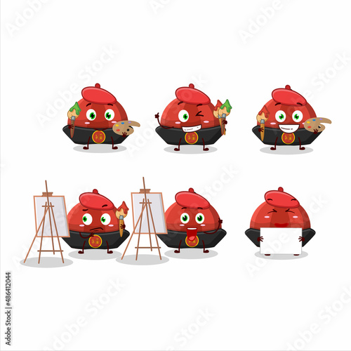 Artistic Artist of red chinese traditional hat cartoon character painting with a brush