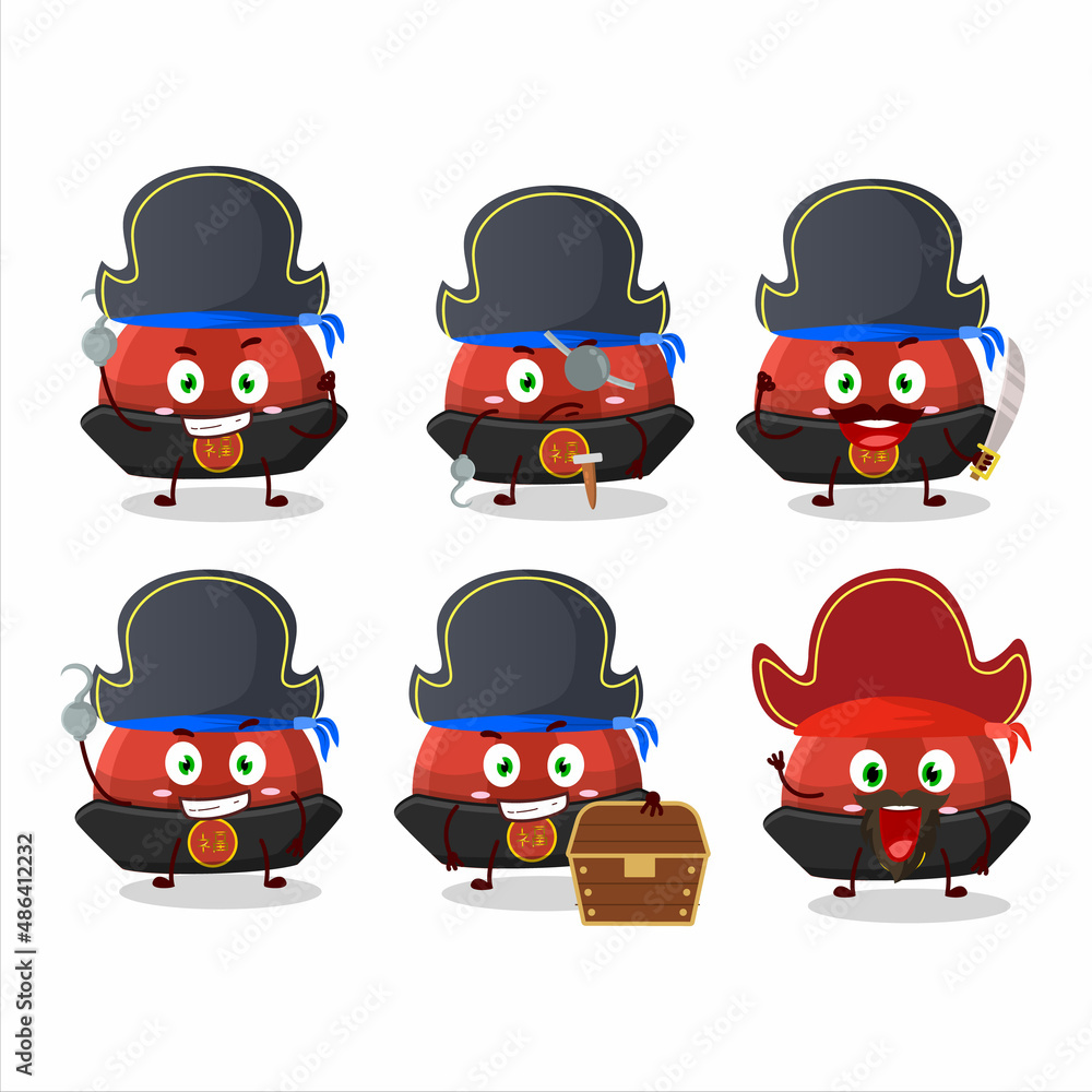 Cartoon character of red chinese traditional hat with various pirates emoticons Cartoon character of red chinese traditional hat with various pirates emoticons