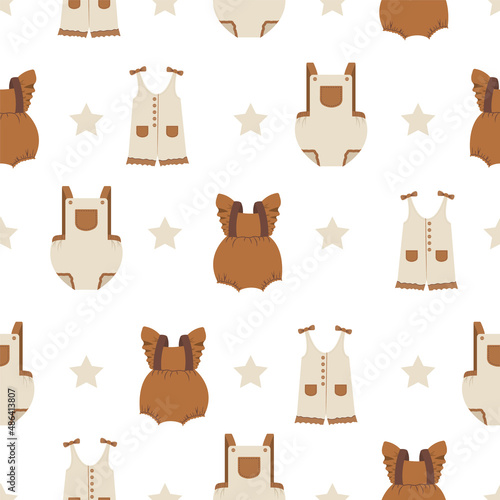 Seamless pattern with boho baby clothes. Vintage bodysuit for children. Hand drawn elements for nursery textile, wrapping paper, postcards. Vector illustration in flat cartoon style.
