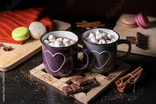 Two Cups of Hot Chocolate with Marshmallows by the Dark Background. Horizontal View. Happy Valentine's Day! 