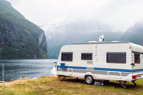 Caravan in a relaxing nature camp site at norway