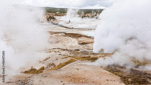 Landscape of hot zone with smoke in Yellowstone.