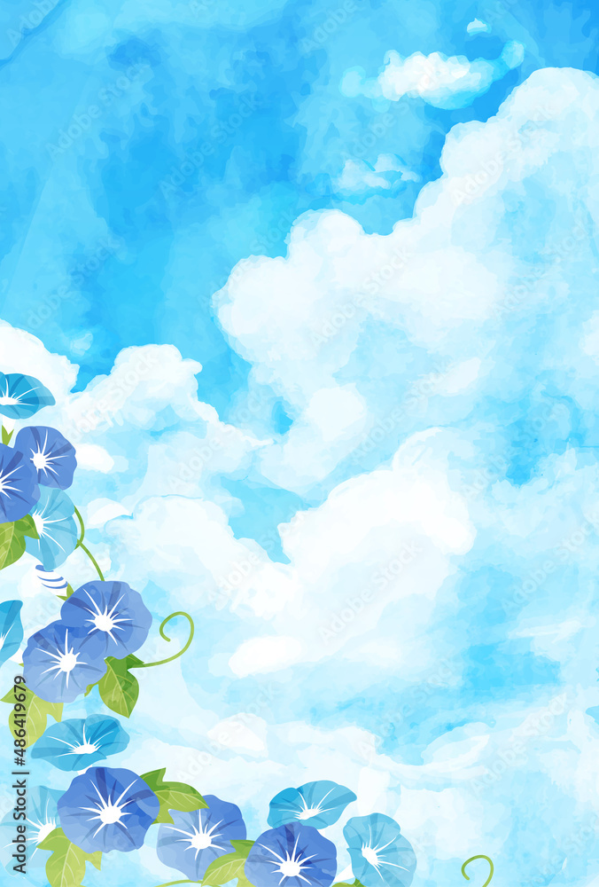 青空と入道雲と朝顔の暑中見舞いのベクターイラスト背景 Stock Vector Adobe Stock