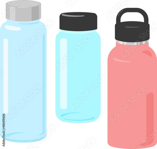ガラスや金属製の水筒のイラストセット