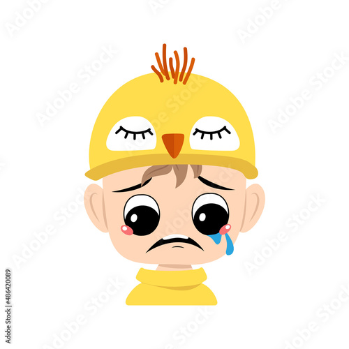 Avatar of boy with big eyes and crying and tears emotion, sad face, depressive eyes in chicken hat. Child with melancholy expression for Easter, New Year or costume for party. Vector flat illustration