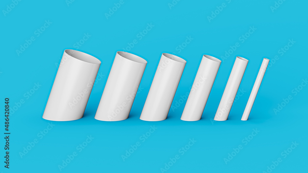 White PVC Pipe fittings joint, PVC Pipes Different size isolated on Blue background 3d illustration White PVC Pipe fittings joint, PVC Pipes Different size isolated on Blue background 3d illustration