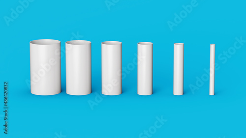 White PVC Pipe fittings joint, PVC Pipes Different size isolated on Blue background 3d illustration