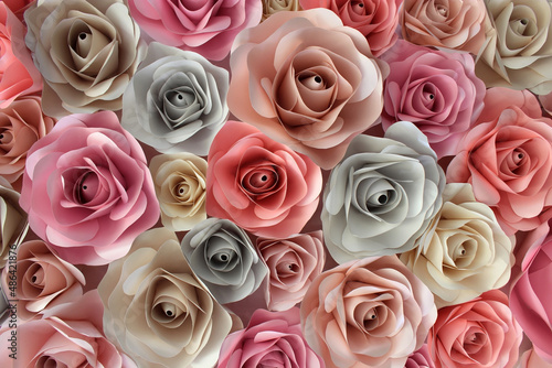 Covering of Many Colorful Origami Roses in Mixed Pastel Shades Close Together Forming a Beautiful Floral Patterned Background for Romantic Occasions