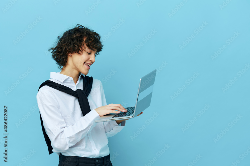 freelancer with laptop internet in a white shirt with a sweater cropped view freelancer with laptop internet in a white shirt with a sweater cropped view