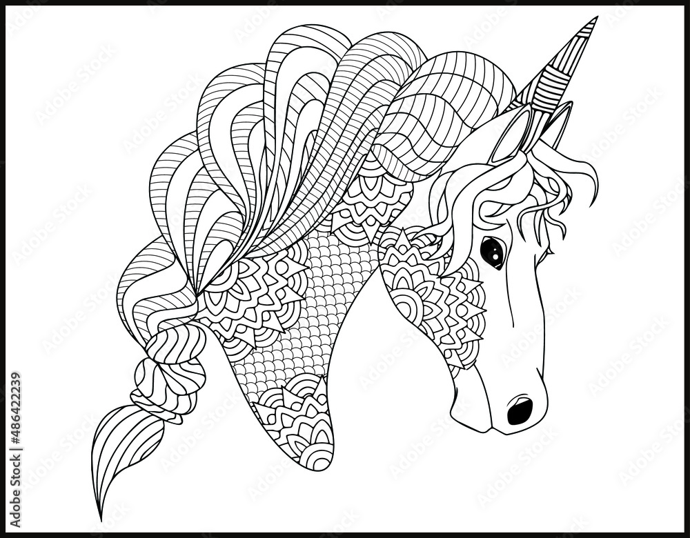 Unicorn Mandala vector and coloring page, doodle stylized unicorn head ...