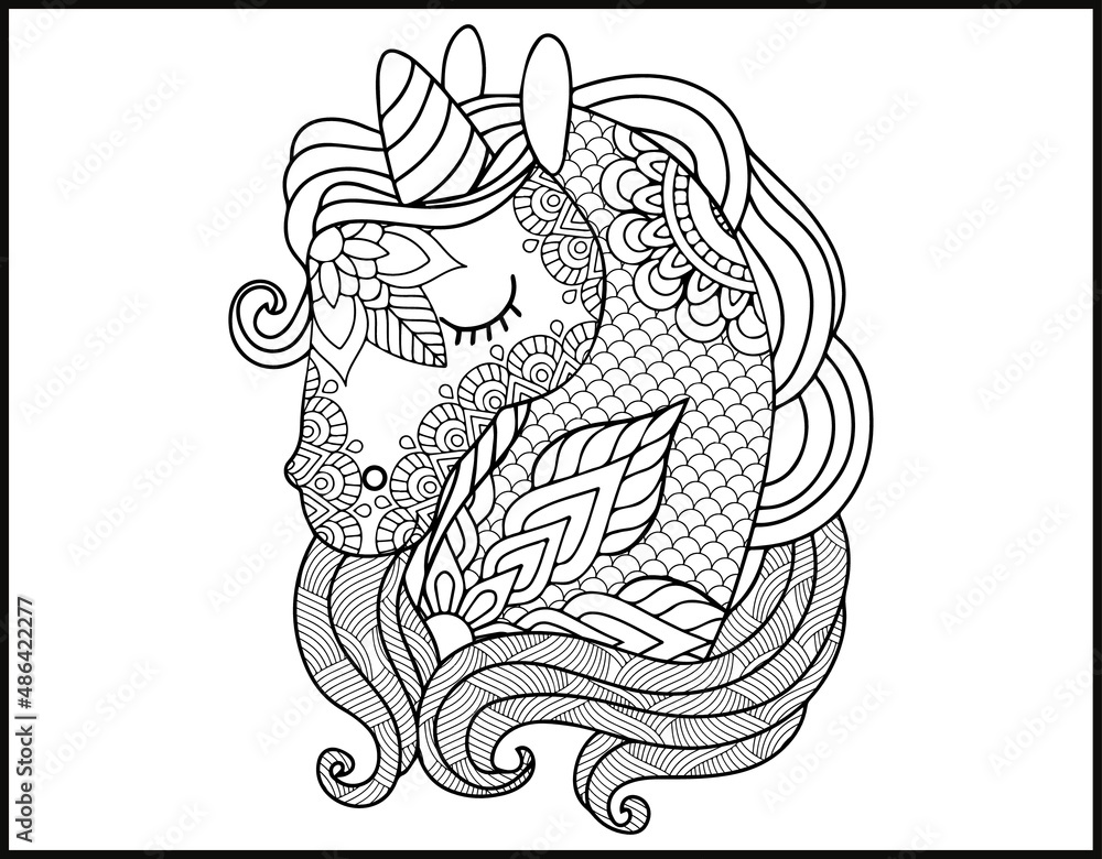 Unicorn Mandala vector and coloring page, doodle stylized unicorn head ...