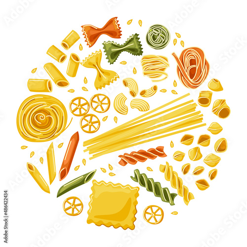 Colored pasta. Different types of pasta. Italian cuisine. Set in cartoon style. Vector