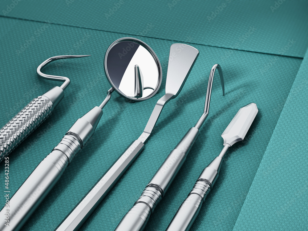Set of dentist tools standing on green sterile cloth. 3D illustration Set of dentist tools standing on green sterile cloth. 3D illustration