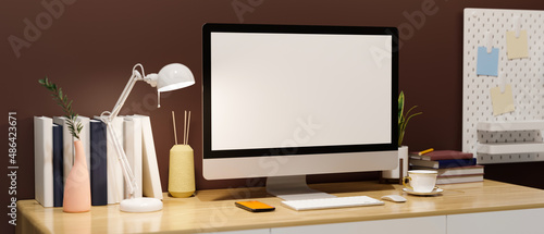Modern contemporary office workspace with pc desktop computer mockup © bongkarn