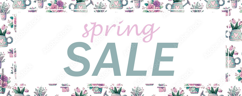 Fototapeta premium Frame with leaves. Spring background. Watercolor illustration. Horizontal advertising banner.