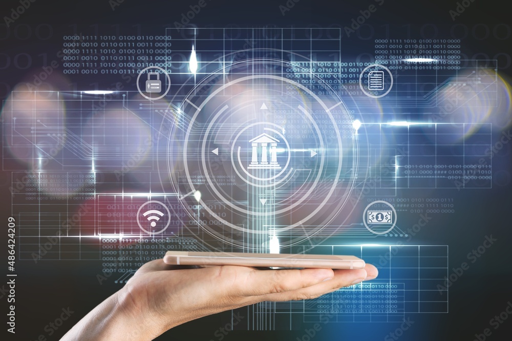 Online banking concept with person using a smartphone with illustrations Online banking concept with person using a smartphone with illustrations