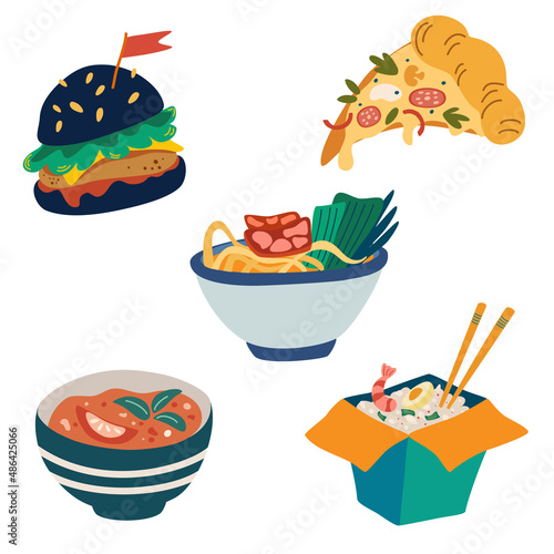 Fast food set. Slice of pizza, burgers, noodles, rice and soup. Junk food. Perfect for printing, menu and restaurant, posters. Vector cartoon illustration