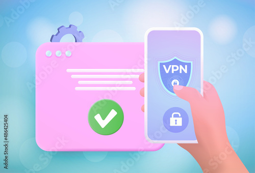 VPN Service app 3d concept. Internet Security Virtual private network (VPN) and Privacy Data Encryption Software Service. Cartoon hand holding a smartphone with vpn app