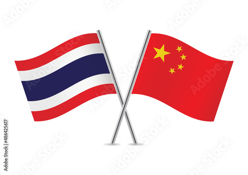 Thailand and China crossed flags. Thai and Chinese flags, isolated on white background. Vector icon set. Vector illustration.