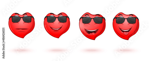 Set of anthropomorphic hearts in sunglasses. Red emoticons hearts with different facial expressions. Vector illustration