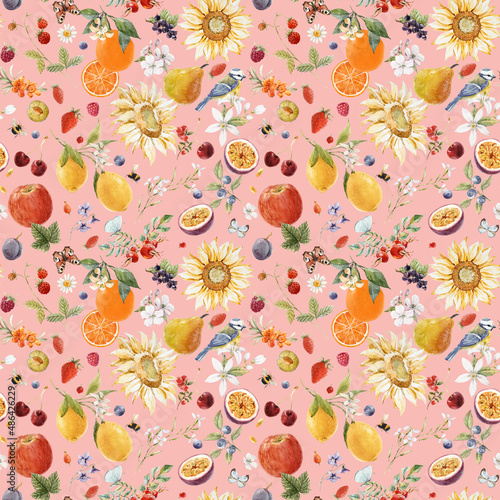 Beautiful seamless summer pattern with watercolor flowers and lemon pear orange mango fruits. Stock illustration. © zenina