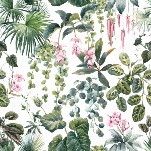 Beautiful vector seamless tropical floral pattern with hand drawn watercolor exotic jungle flowers. Stock illustration.
