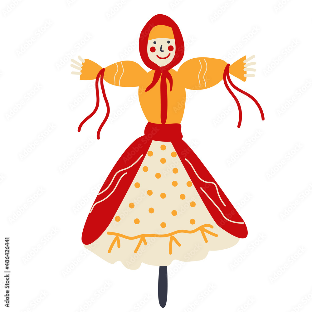 A stuffed straw man in a traditional Maslenitsa outfit. Russian traditions. Vector isolated illustration on a white background A stuffed straw man in a traditional Maslenitsa outfit. Russian traditions. Vector isolated illustration on a white background